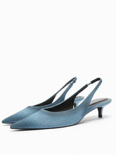 Distressed Denim Blue Stitch Pointy Kitten Slingback Pumps